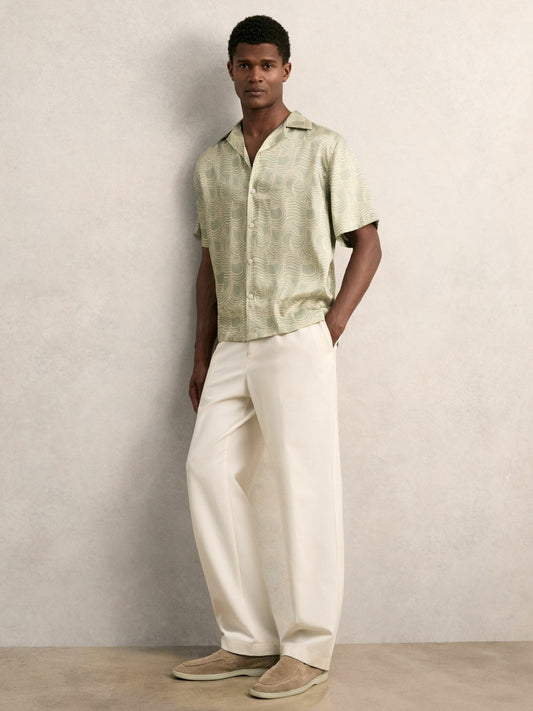 Reiss Wave Print Cuban Collar Shirt in Sage Green