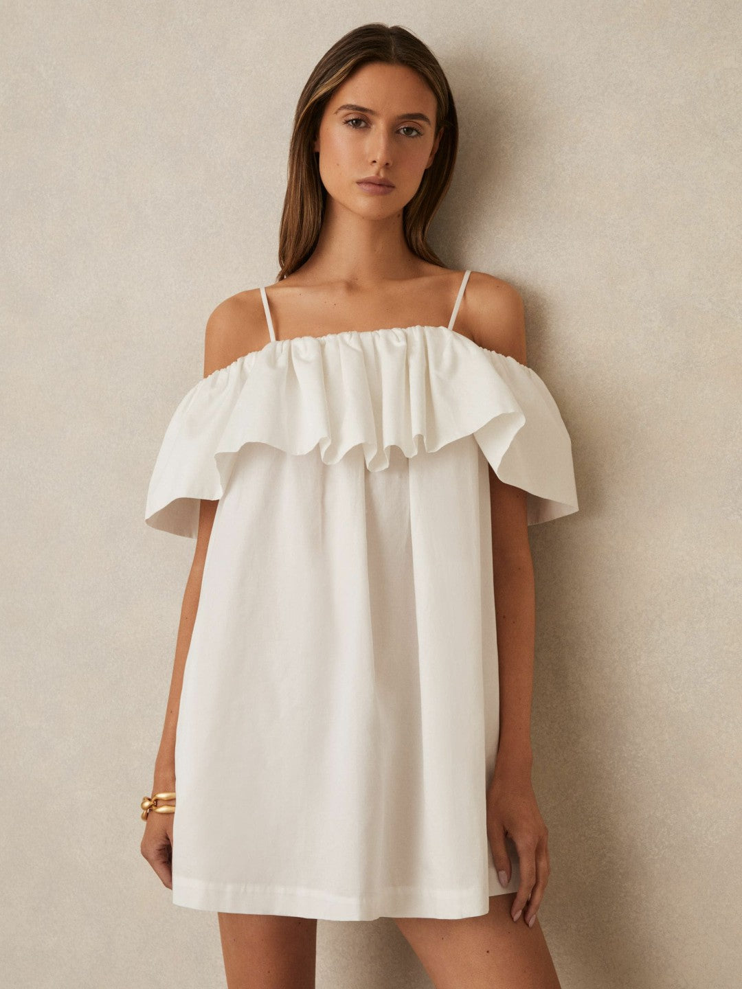 Reiss Cotton Off Shoulder Mini Dress in Ivory Cream