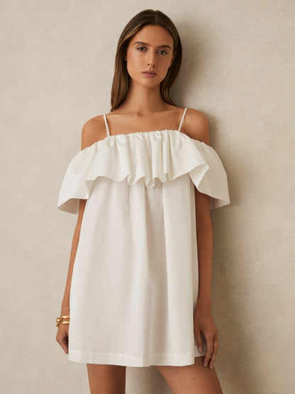 Reiss Cotton Off Shoulder Mini Dress in Ivory Cream
