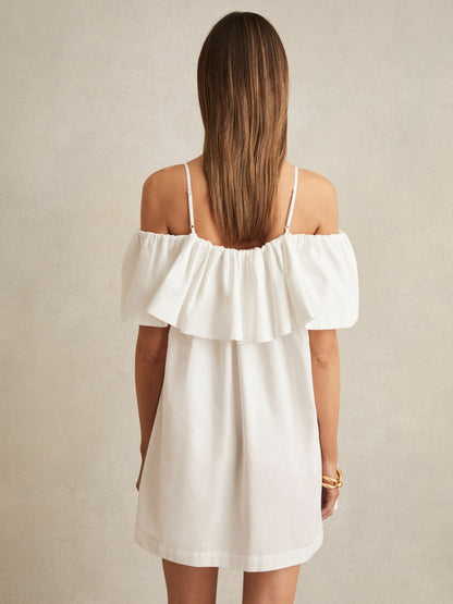 Reiss Cotton Off Shoulder Mini Dress in Ivory Cream