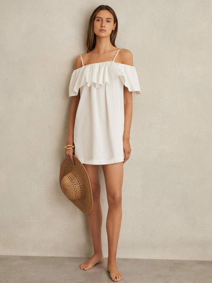Reiss Cotton Off Shoulder Mini Dress in Ivory Cream