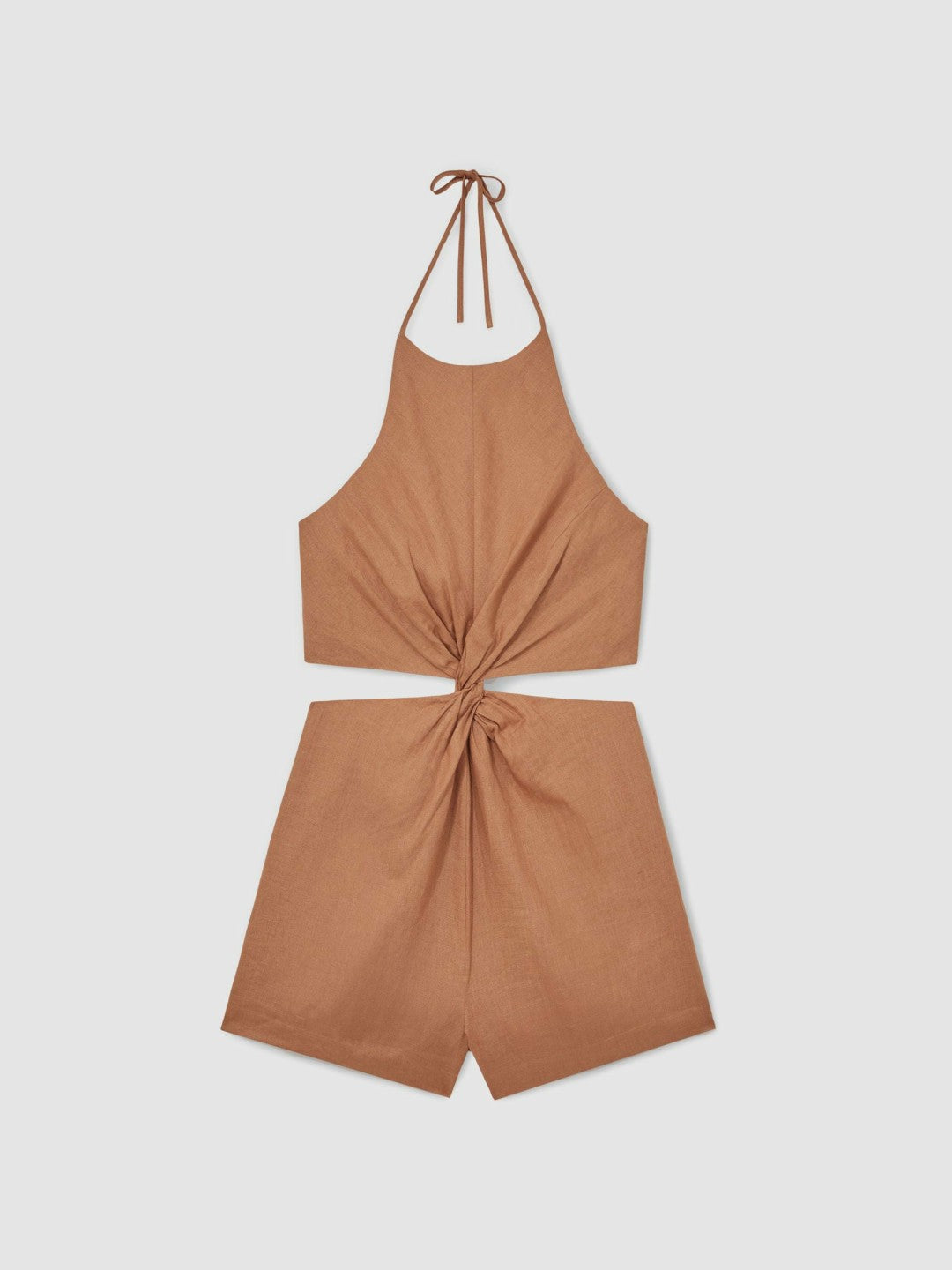 Reiss Popular Choice - Linen Halterneck Cut Out Playsuit in Brown