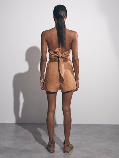 Reiss Popular Choice - Linen Halterneck Cut Out Playsuit in Brown