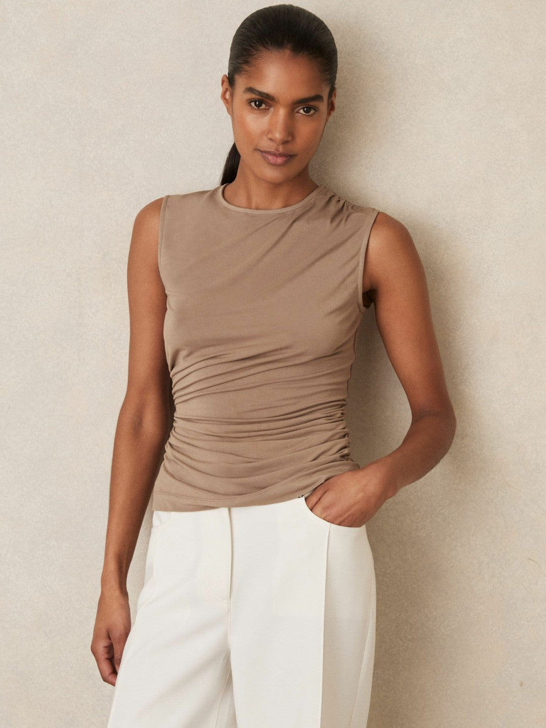 Reiss Value - Stretch-Modal Ruched Vest in Mocha Brown