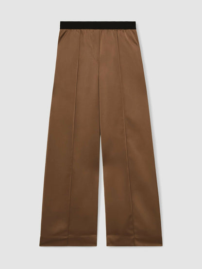 Reiss Deal - Satin Wide Leg Elastic Waist Trousers in Taupe Neutral