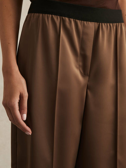 Reiss Deal - Satin Wide Leg Elastic Waist Trousers in Taupe Neutral