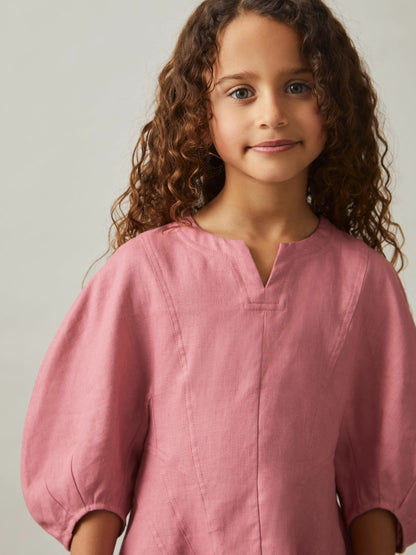 Reiss Savings - 13-14 yrs Linen Balloon-Sleeve Dress in Pink