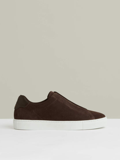 Reiss Sale - Suede Slip-On Elasticated Trainers in Chocolate Brown