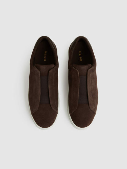 Reiss Sale - Suede Slip-On Elasticated Trainers in Chocolate Brown