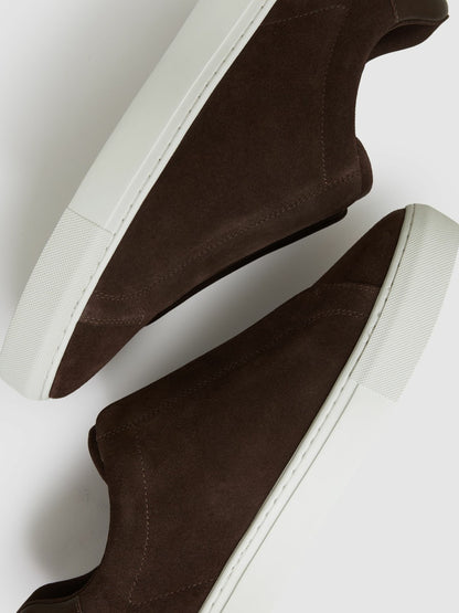 Reiss Sale - Suede Slip-On Elasticated Trainers in Chocolate Brown