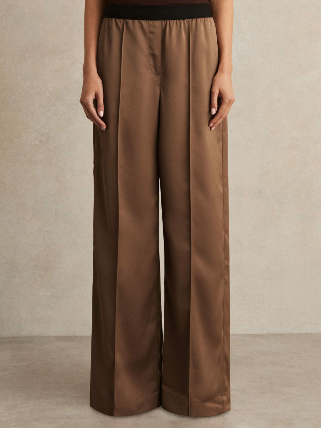Reiss Best Seller - Petite Satin Wide Leg Elastic Waist Trousers in Taupe Neutral