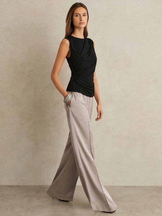 Reiss Sale - Petite Satin Wide Leg Elastic Waist Trousers in Grey