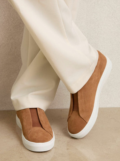 Reiss Best Seller - Suede Slip-On Elasticated Trainers in Tan Brown
