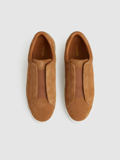 Reiss Best Seller - Suede Slip-On Elasticated Trainers in Tan Brown