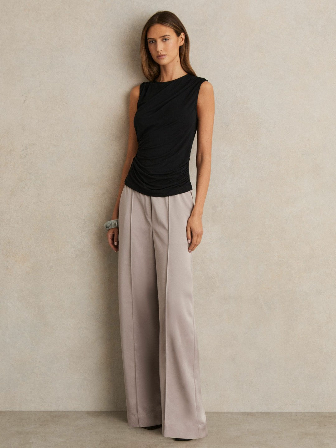 Reiss Featured - Satin Wide Leg Elastic Waist Trousers in Grey