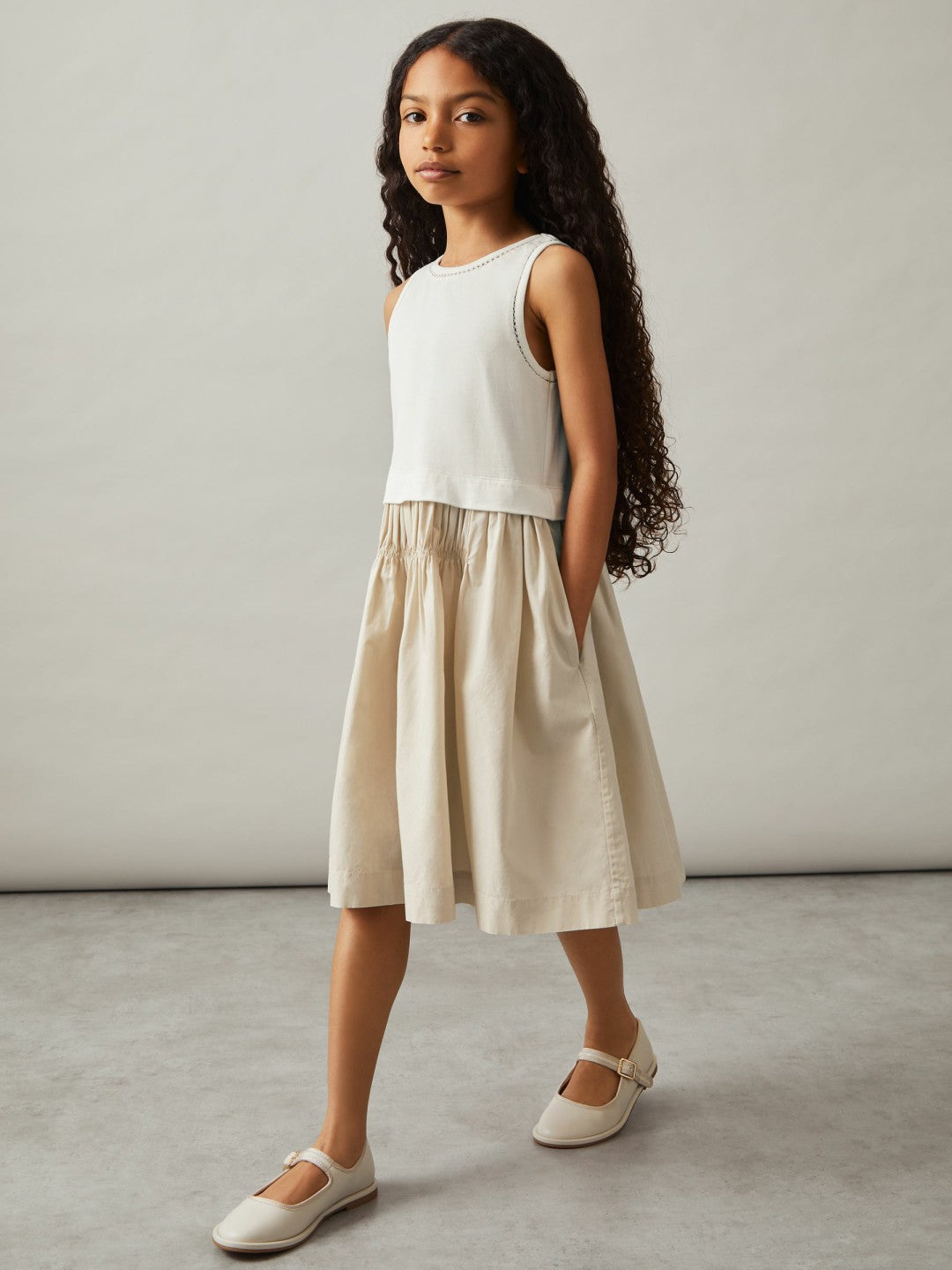Reiss Savings - 13-14 yrs Cotton Layered Sleeveless Midi Dress in Neutral