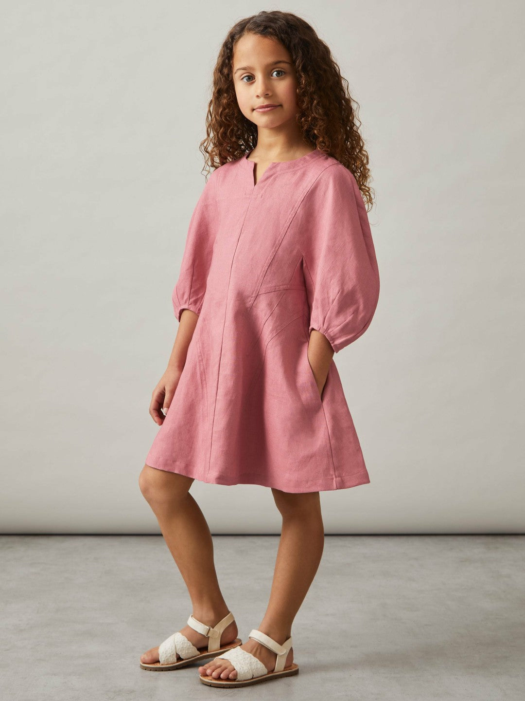 Reiss Affordable - 4-9 yrs Linen Balloon-Sleeve Dress in Pink