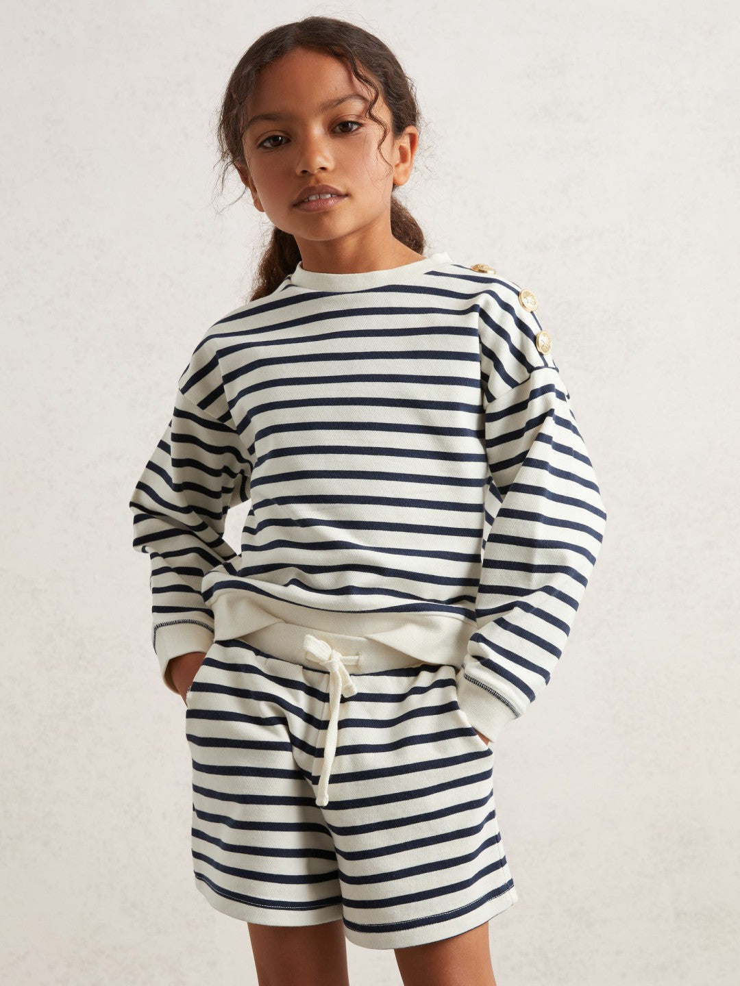 Reiss Best Seller - 9-13 yrs Stripe Sweatshirt and Shorts Set Cotton-Blend in Navy/Ivory