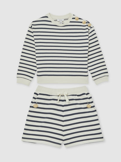 Reiss Best Seller - 9-13 yrs Stripe Sweatshirt and Shorts Set Cotton-Blend in Navy/Ivory