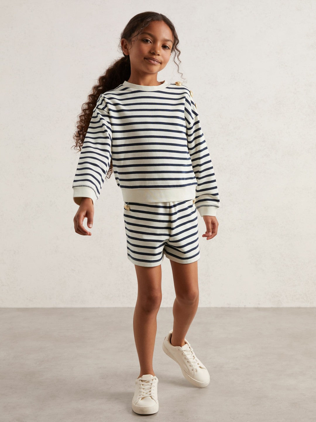 Reiss Best Seller - 9-13 yrs Stripe Sweatshirt and Shorts Set Cotton-Blend in Navy/Ivory