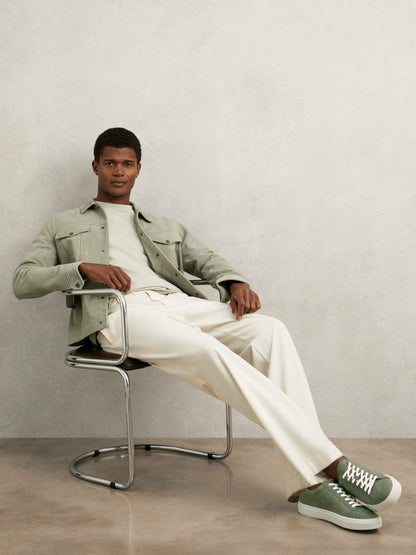 Reiss Deal - Nubuck Leather Low-Top Trainers in Thyme Green
