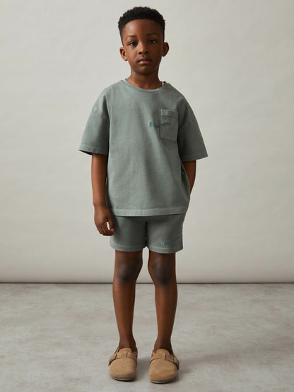 Reiss 9-13 yrs Cotton Brand-Embroidered Shorts in Washed Sage