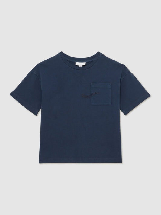 Reiss 13-14 yrs Cotton Palm-Embroidery Oversize T-Shirt in Washed Navy