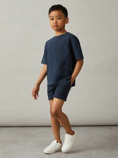 Reiss 3-9 yrs Cotton Brand-Embroidered Shorts in Washed Navy