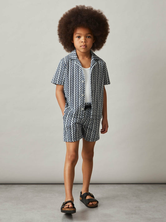 Reiss Affordable - 9-13 yrs Zig-Zag Knit Cuban-Collar Shirt in Blue