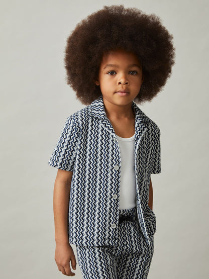Reiss Affordable - 9-13 yrs Zig-Zag Knit Cuban-Collar Shirt in Blue
