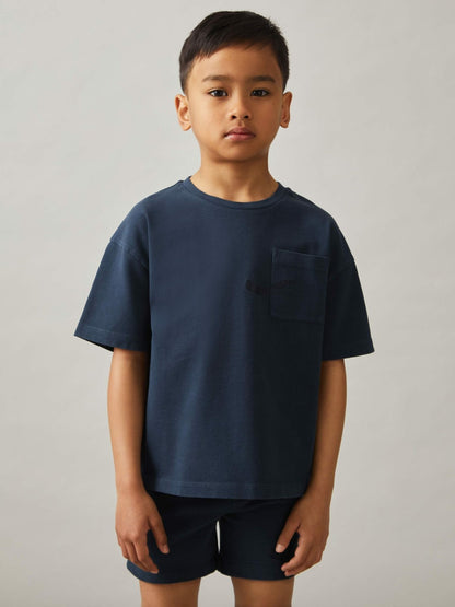Reiss 3-9 yrs Cotton Palm-Embroidery Oversize T-Shirt in Washed Navy