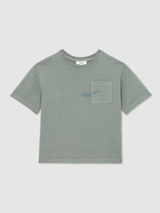 Reiss Affordable - 13-14 yrs Cotton Palm-Embroidery Oversize T-Shirt in Washed Sage