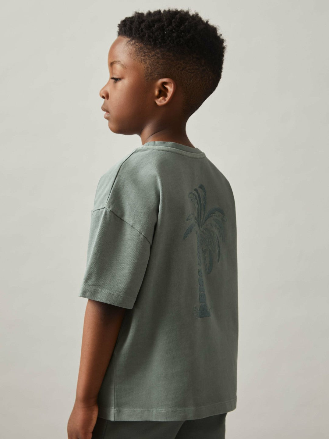 Reiss Affordable - 13-14 yrs Cotton Palm-Embroidery Oversize T-Shirt in Washed Sage
