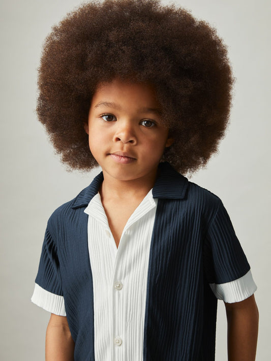Reiss Savings - 9-13 yrs Plissé Colour-Block Shirt in Navy/White