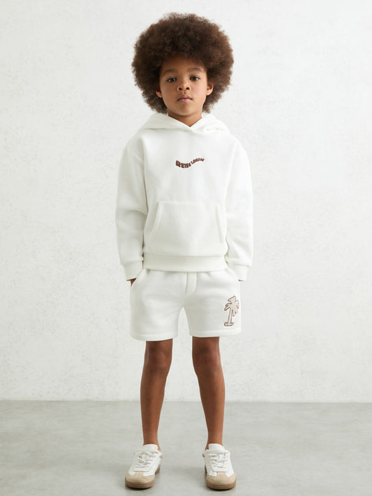 Reiss Affordable - 9-13 yrs Cotton Blend Palm Embroidered Shorts in Off White