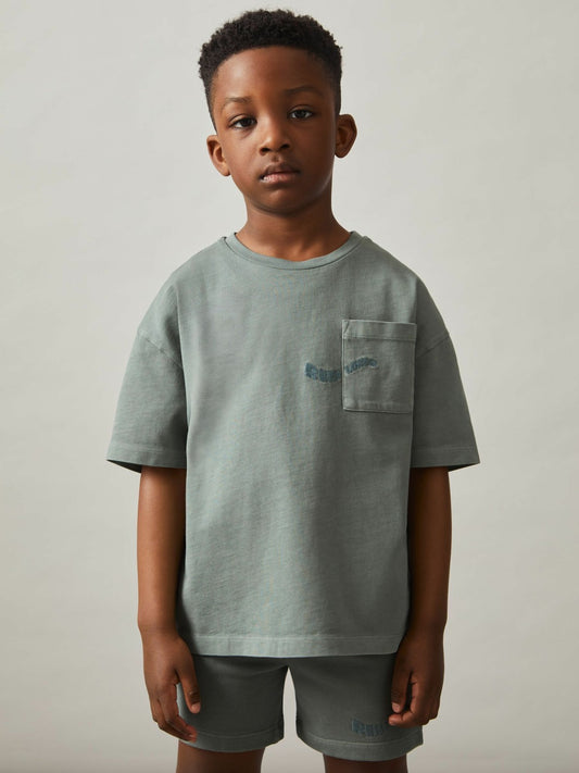 Reiss 9-13 yrs Cotton Palm-Embroidery Oversize T-Shirt in Washed Sage