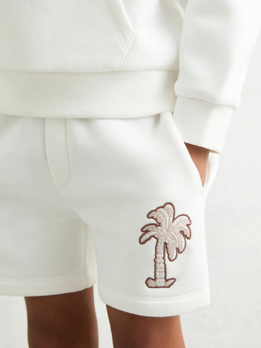 Reiss Savings - 3-9 yrs Cotton Blend Palm Embroidered Shorts in Off White
