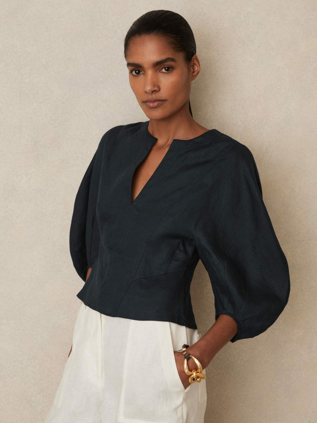 Reiss Popular Choice - Linen Balloon-Sleeve Top in Navy
