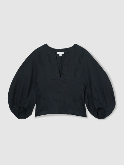 Reiss Popular Choice - Linen Balloon-Sleeve Top in Navy