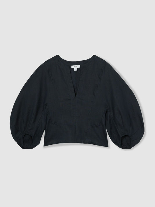 Reiss Linen Balloon-Sleeve Top in Navy