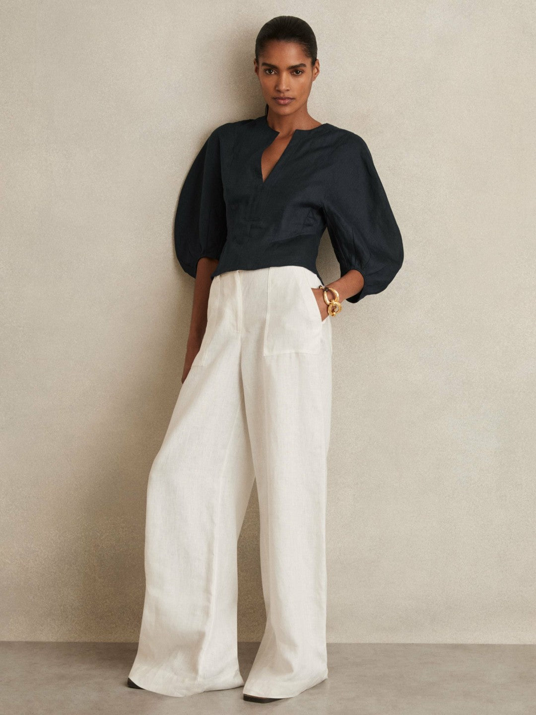 Reiss Popular Choice - Linen Balloon-Sleeve Top in Navy