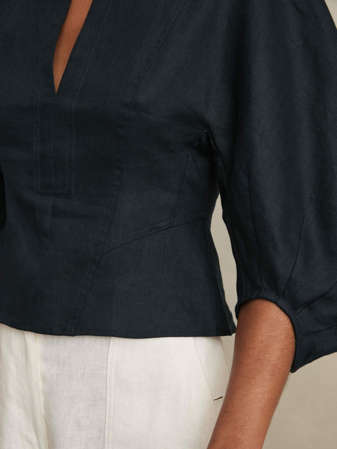 Reiss Popular Choice - Linen Balloon-Sleeve Top in Navy
