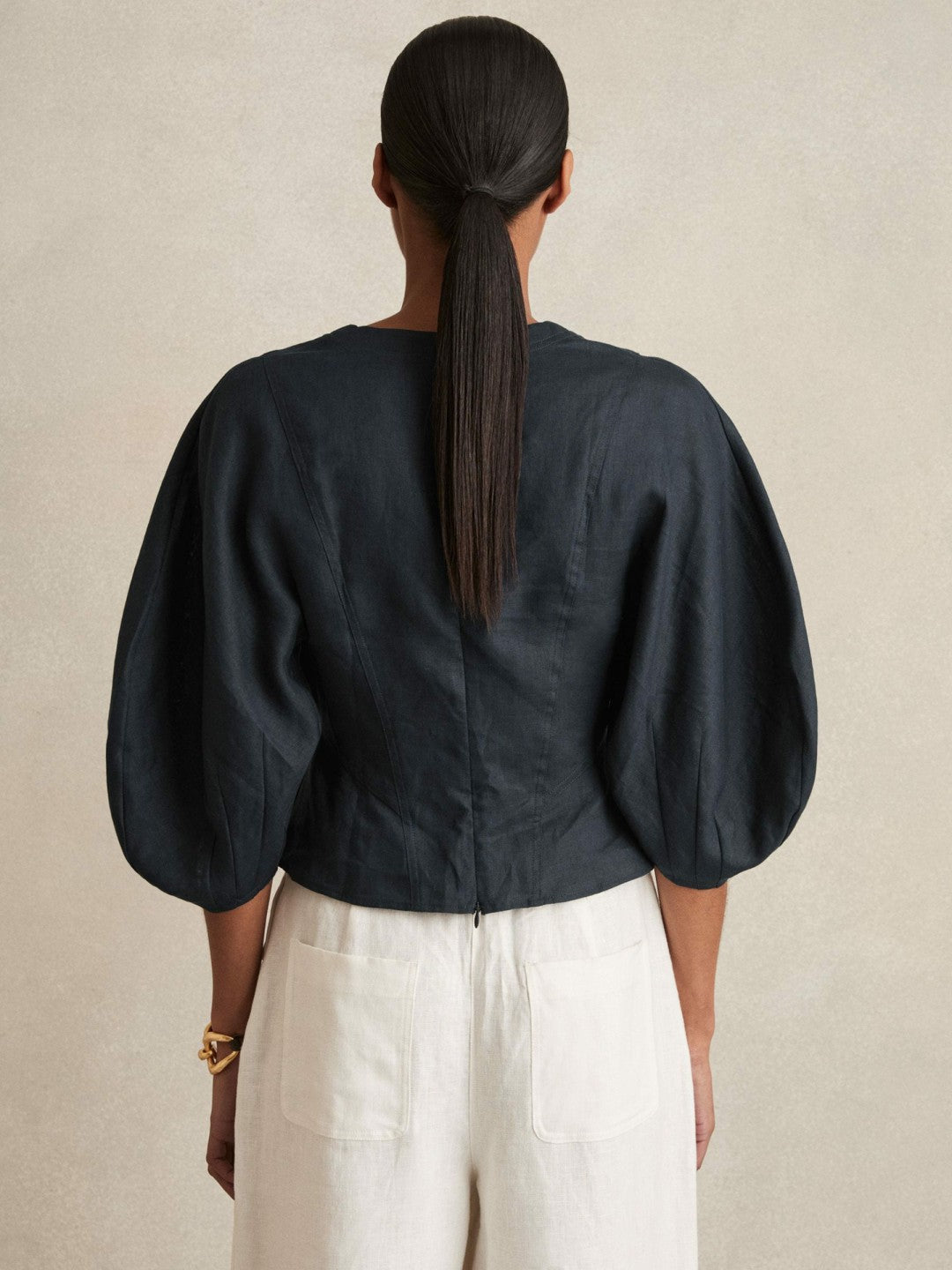 Reiss Popular Choice - Linen Balloon-Sleeve Top in Navy