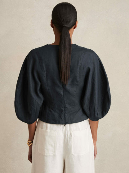 Reiss Popular Choice - Linen Balloon-Sleeve Top in Navy