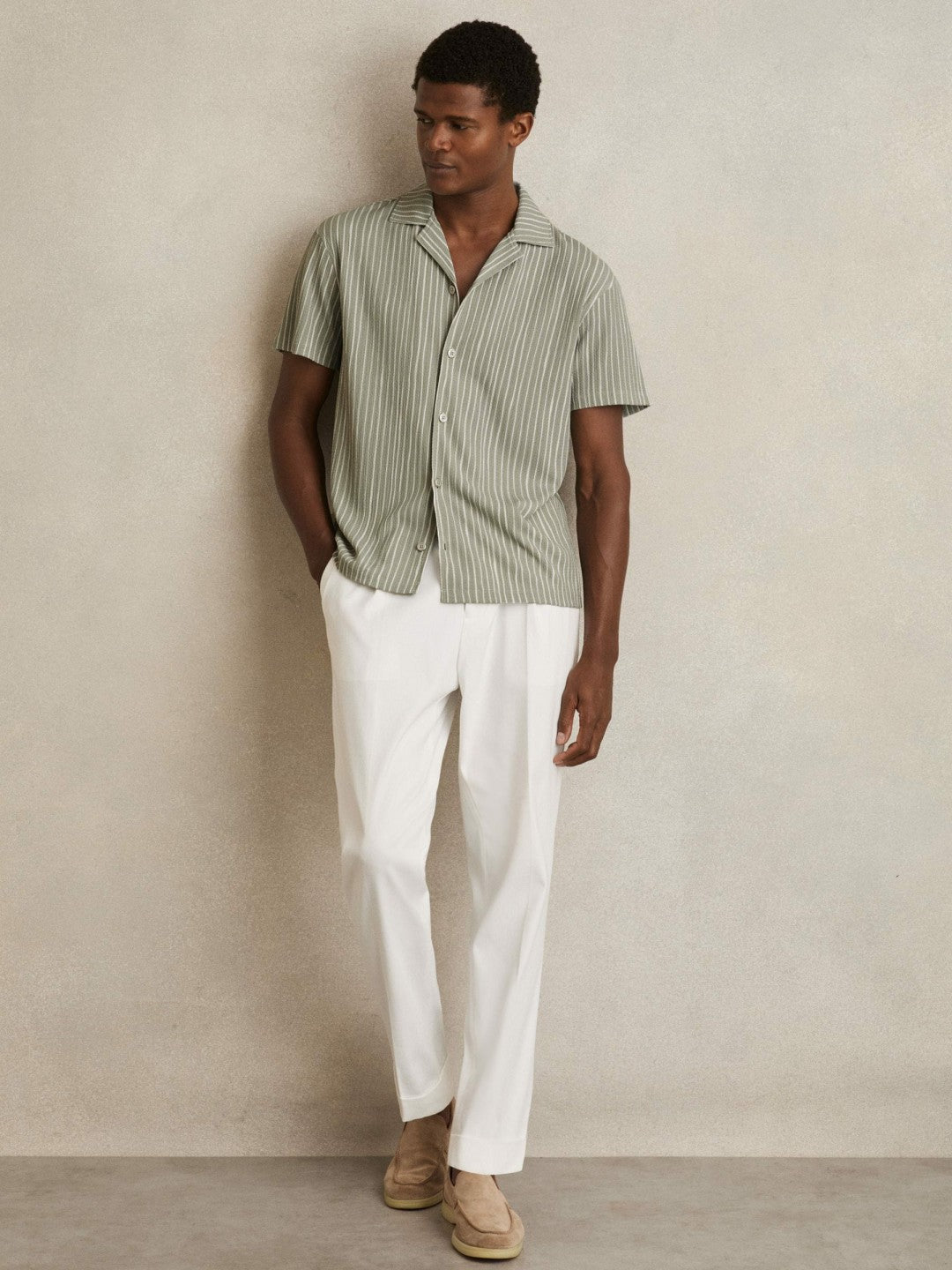 Reiss Deal - Textured Stripe Cuban Collar Shirt in Sage/White