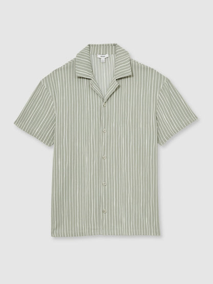 Reiss Deal - Textured Stripe Cuban Collar Shirt in Sage/White
