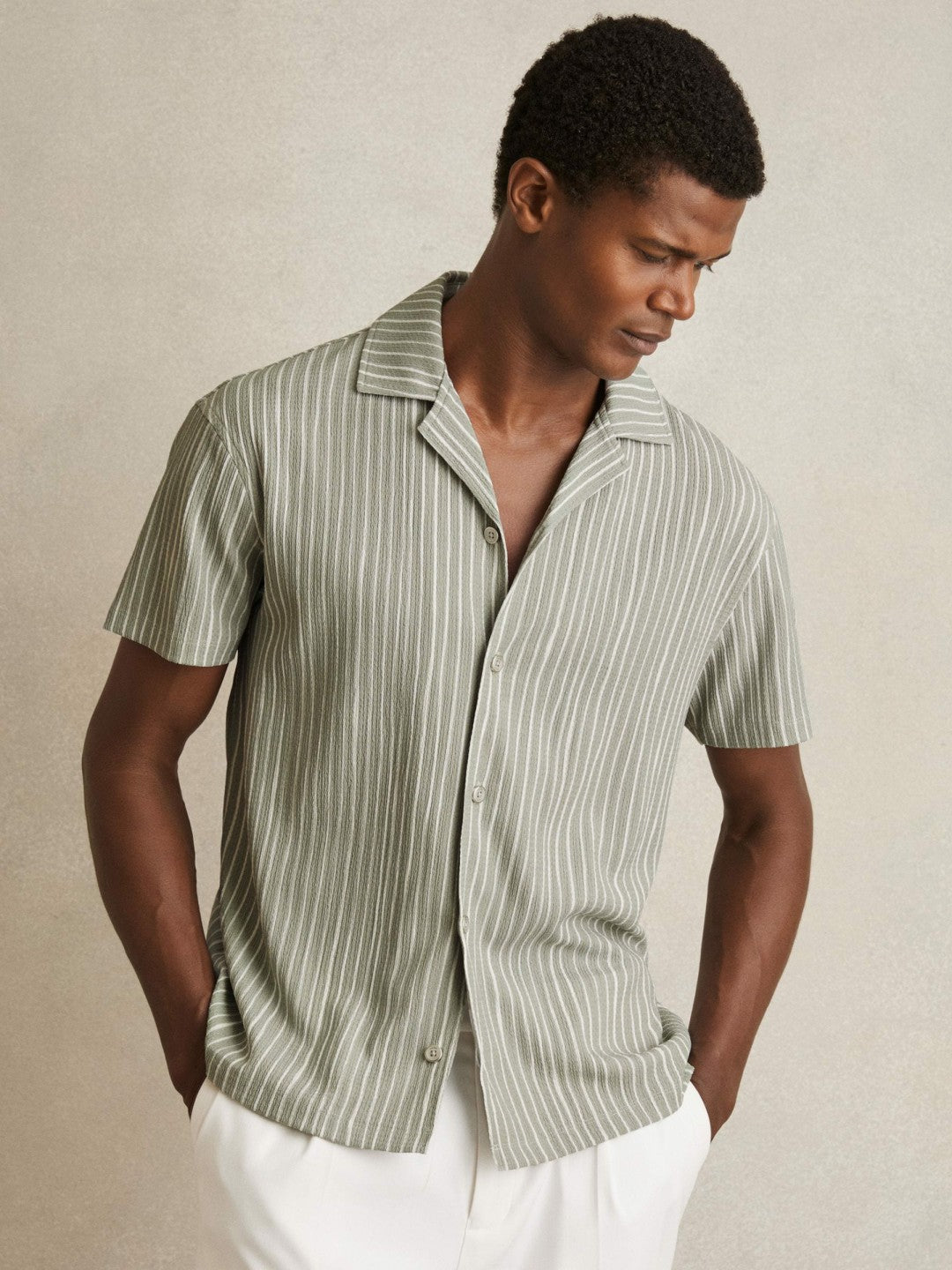 Reiss Deal - Textured Stripe Cuban Collar Shirt in Sage/White