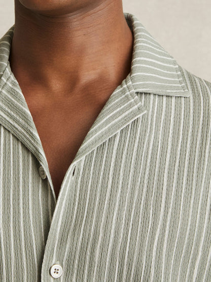 Reiss Deal - Textured Stripe Cuban Collar Shirt in Sage/White