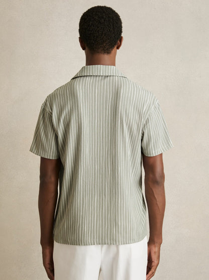 Reiss Deal - Textured Stripe Cuban Collar Shirt in Sage/White