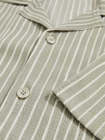 Reiss Deal - Textured Stripe Cuban Collar Shirt in Sage/White